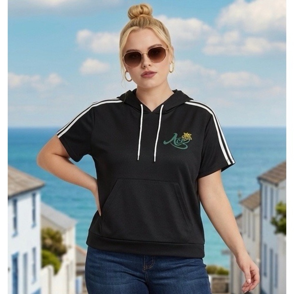 Adidas Womens Short Sleeve Hoodie Black 3-Stripe Pullover Sweatshirt Size S Used